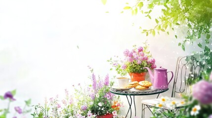 Spring morning tea on a balcony garden with flowers, cookies, and teapot.