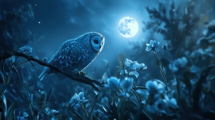 Fototapeta premium Serene owl perched on a branch under a full moon, surrounded by blue flowers at night.