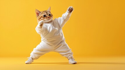 Fototapeta premium A playful cat dressed in a white outfit strikes a fun pose against a bright yellow background.