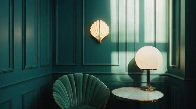 Teal room corner with shell chair, table lamp, and wall sconces.
