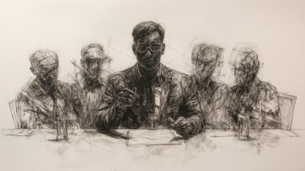 Pensive businessman leads team meeting, serious expressions, charcoal sketch.
