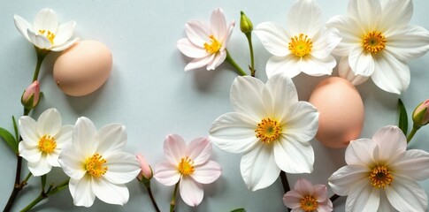 Fototapeta premium A delicate mix of white and pastel-colored flowers, with a few hard-boiled eggs placed gently among them, gentle touch, white flowers, springtime decor