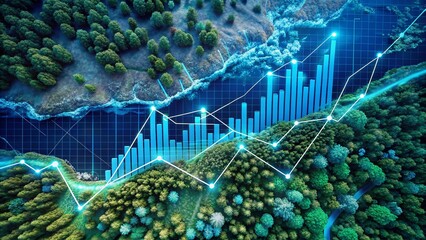 Stunning Aerial Drone Photography: Abstract Blue Data Graph Visualization, Line Chart, Dot Plot, Business Analytics, Data Science, Infographic