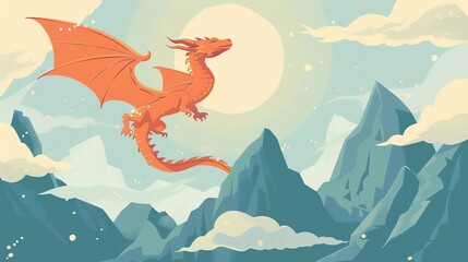 An orange dragon flies through a sky above a mountain range.