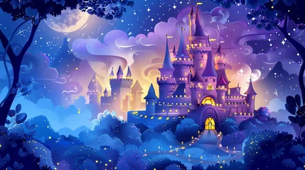 A fairytale castle in the woods at night, with a full moon and stars.