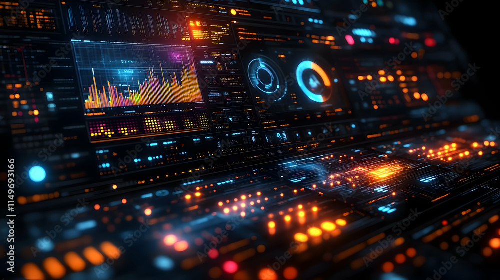 Poster a futuristic dashboard displaying data analytics and visualizations with vibrant colors.