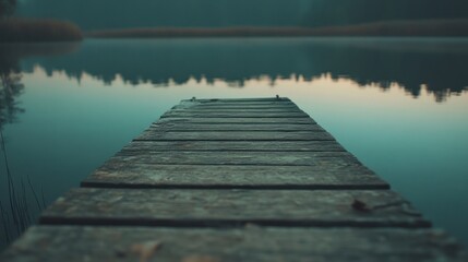 Obraz premium Serene misty morning at a lake with wooden dock.