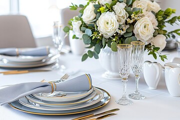 Elegant Table Setting with Fine China, Heart-Shaped Napkin Folds, and Floral Centerpiece for Formal Dining Experience