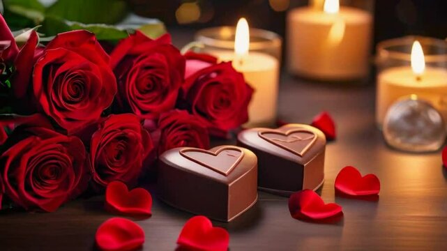 Romantic arrangement with red roses, heart-shaped chocolates, and candles for a special occasion.