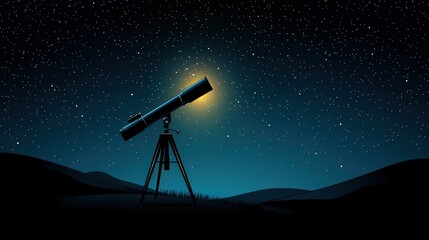 Telescope pointed at bright star in night sky over hills.