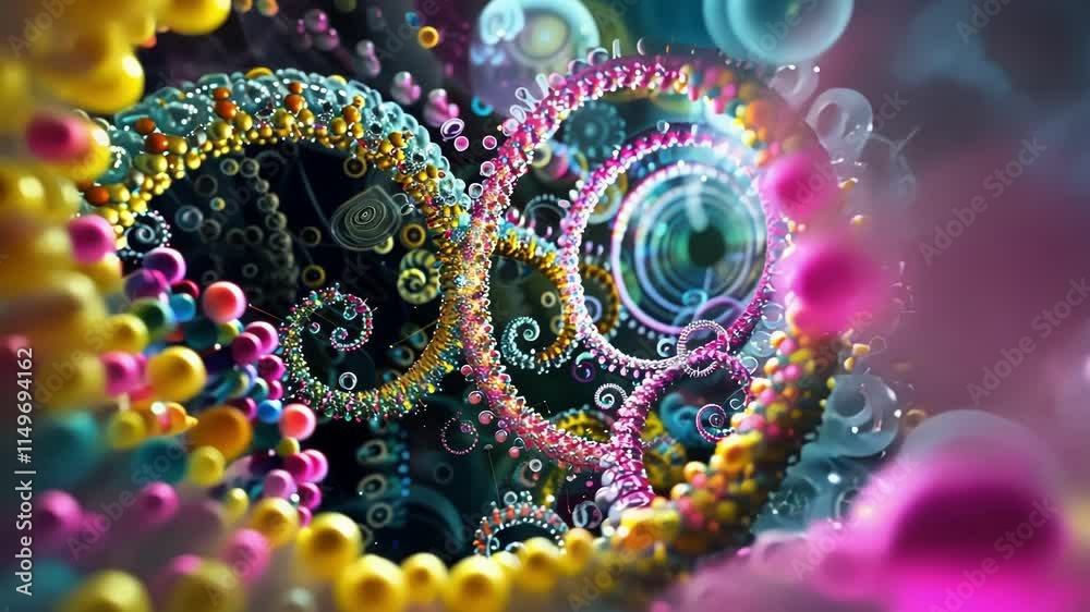 Poster big data visualization showing colorful intertwined strands of information with light flares and bub