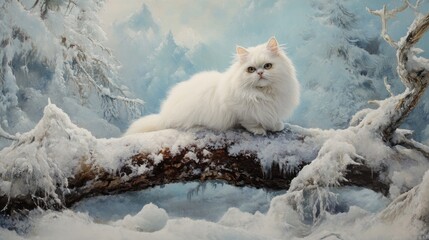 White Persian cat perched on a snowy log in a winter wonderland, tranquil mood 