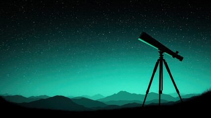 Telescope pointed at a starry night sky over mountains.