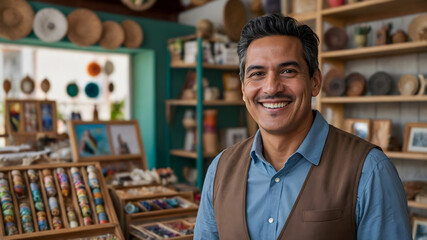 Fototapeta premium Latin American Artist with Arts and Craft Shop on the back full of Souvenirs