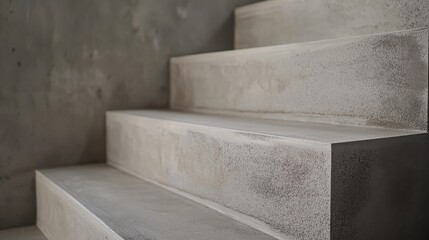 Modern concrete stairs lead upward, showcasing a minimalist design with a smooth finish and subtle texture against a plain wall.
