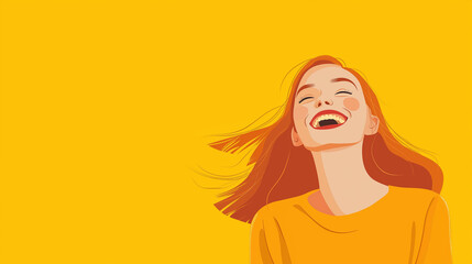 Radiant young woman laughing joyfully against bright yellow background for International Women's Day