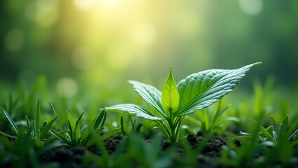 Lush green plants thrive in a sunlit forest, suitable for nature, environment, botanical, or eco-friendly concepts in design projects