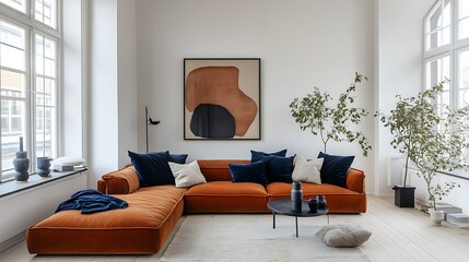 Modern living room with orange sectional sofa, abstract art, plants, and large windows.