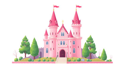 Fototapeta premium Pink castle flat design vector illustration, beautiful fairytale castle clip art image, magical princess castle vector clipart, isolated on white background. Generative AI