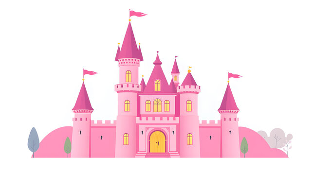recommend clip art: Pink castle flat design vector illustration, beautiful fairytale castle clip art image, magical princess castle vector clipart, isolated on white background. Generative AI