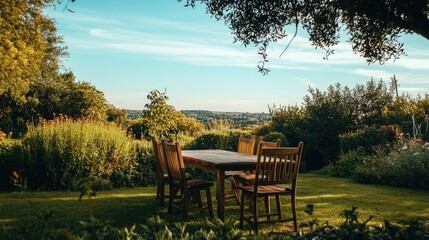 Naklejka premium Peaceful Garden Scene with Outdoor Furniture and Scenic Landscape