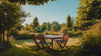 Relaxing Outdoor Dining Area Surrounded by Lush Greenery and Flowers