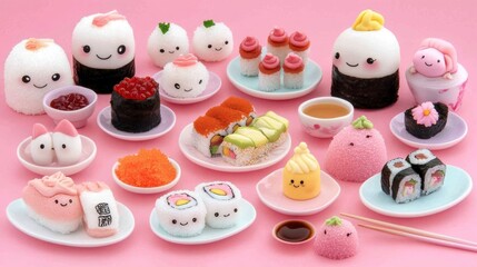Adorable kawaii sushi and mochi food art on pink background.