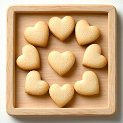 Obraz premium Delicious heart shaped cookies arranged in circular pattern on wooden tray, perfect for celebrations