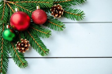 A fir branch with red and green ornaments and pinecones on a white wooden plank, forest ambiance, holiday decor