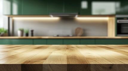 Naklejka premium Modern Kitchen Interior with Wooden Countertop and Green Cabinets