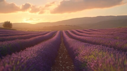 Sunset over rows of lavender fields in Provence, France.