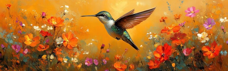 Obraz premium Hummingbird in vibrant wildflowers.