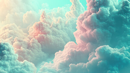 A stylized illustration of diverse cloud formations, fluffy and soft-edged, overlapping layers creating a playful rhythm, set against a soft gradient sky transitioning from pale blue to light cyan, wi