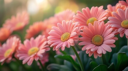 Pink gerbera daisies bask in sunlight, showcasing their delicate petals and vibrant colors in a lush garden.