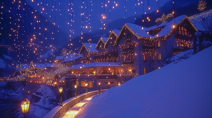 Enchanting Snowy Village Illuminated by Festive Lights