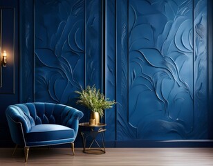 "Textured navy blue stucco wall, creating a bold and modern design feature in a luxurious space."