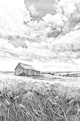 Quaint Countryside Farmhouse in Serene Crosshatched Landscape with Rolling Hills and Open Sky