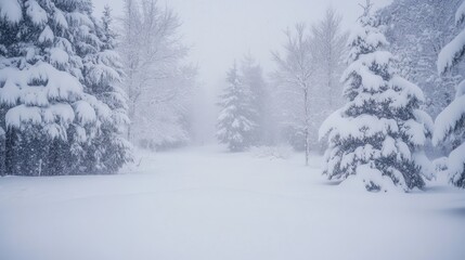 Snow-covered trees in a foggy winter landscape.