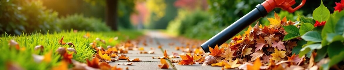 A garden path with a blower blowing leaves into a pile on the side of the walkway, fall maintenance, garden cleanup, gardening equipment
