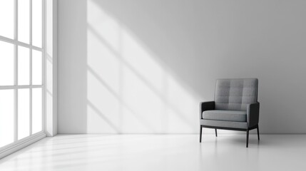 Minimalist room interior with armchair and sunlight.