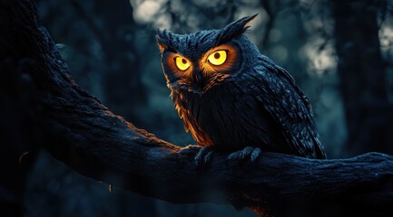 Glowing-eyed owl perched on dark forest branch at night.