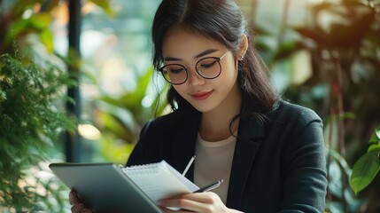 Fototapeta premium Young Woman in Glass Office Setting Writing Notes on Notebook