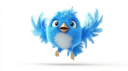 Obraz premium Cute fluffy blue bird cartoon character in flight.