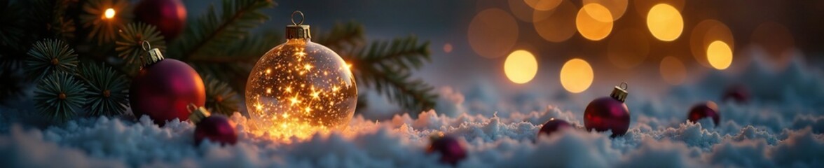 A peaceful Christmas atmosphere with a glowing globe and ornaments, light, ornaments