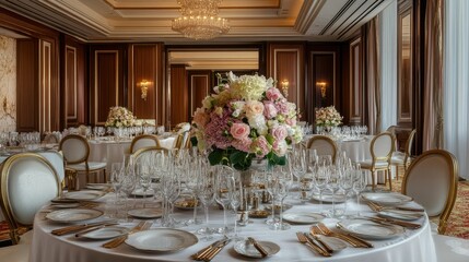 Dining setup featuring fine tableware, floral centerpieces, and neatly arranged cutlery, ideal for formal gatherings.
