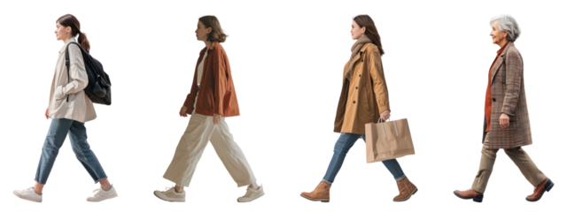 Diverse women walking png cut out element set, transparent background