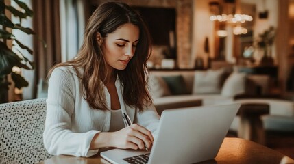 Woman Working on Laptop at Home in Cozy Modern Living Room