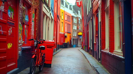Naklejka premium Red Cityscape Illustration: Cobblestone Street, Red Bicycle, and Colorful Buildings