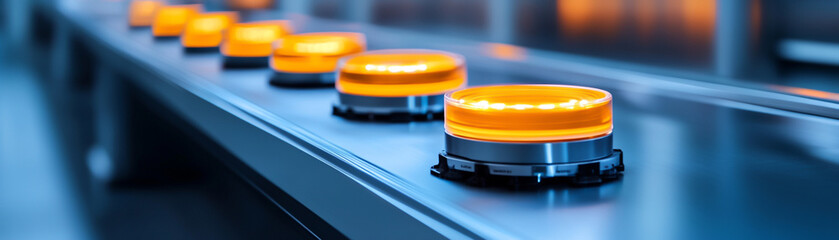 Close-up of industrial control panel with illuminated orange buttons in a factory.