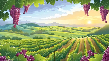 A cartoon illustration of a vineyard with grapes.